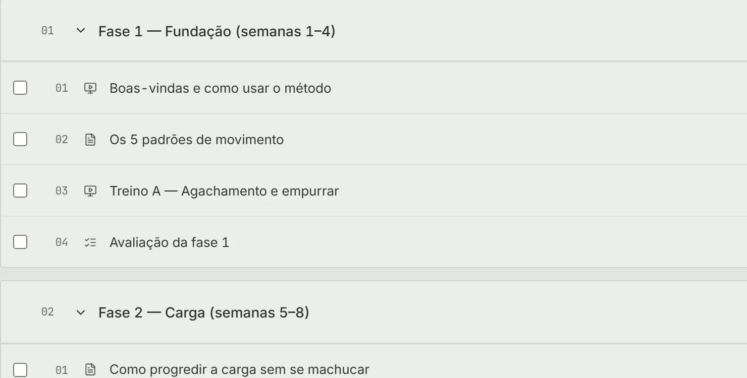 A árvore de um curso no V-Members: o módulo «Fase 1 — Fundação» com quatro aulas de tipos diferentes — vídeo, texto e avaliação — e o começo do módulo «Fase 2 — Carga».
