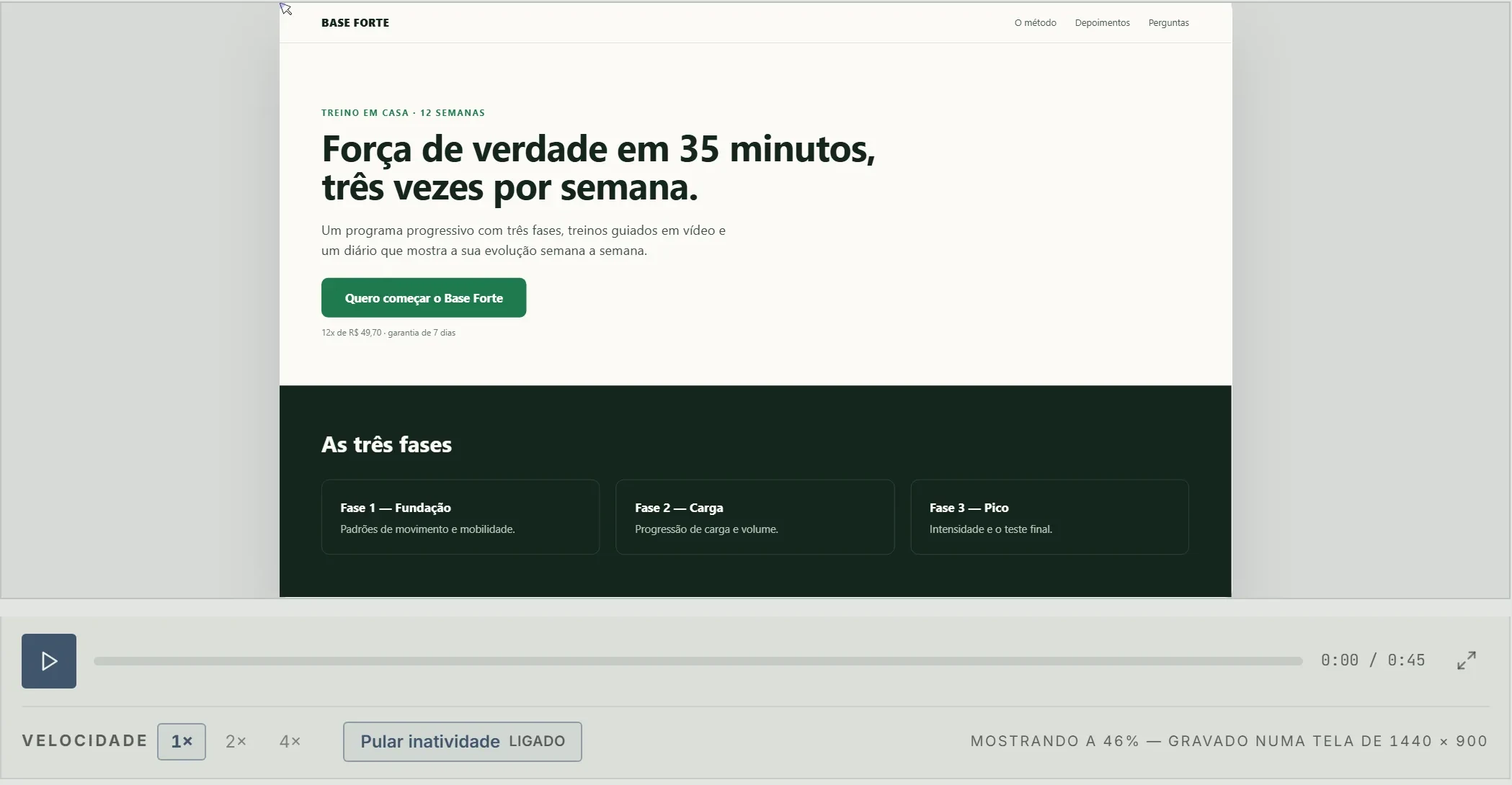 O reprodutor do V-View: o replay da página de vendas de um cliente fictício, com a barra de tempo, a velocidade e «pular inatividade» ligado.
